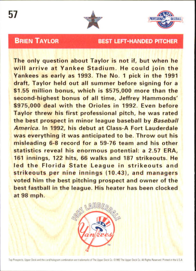 1992 Upper Deck Minors #57 Brien Taylor DS back image