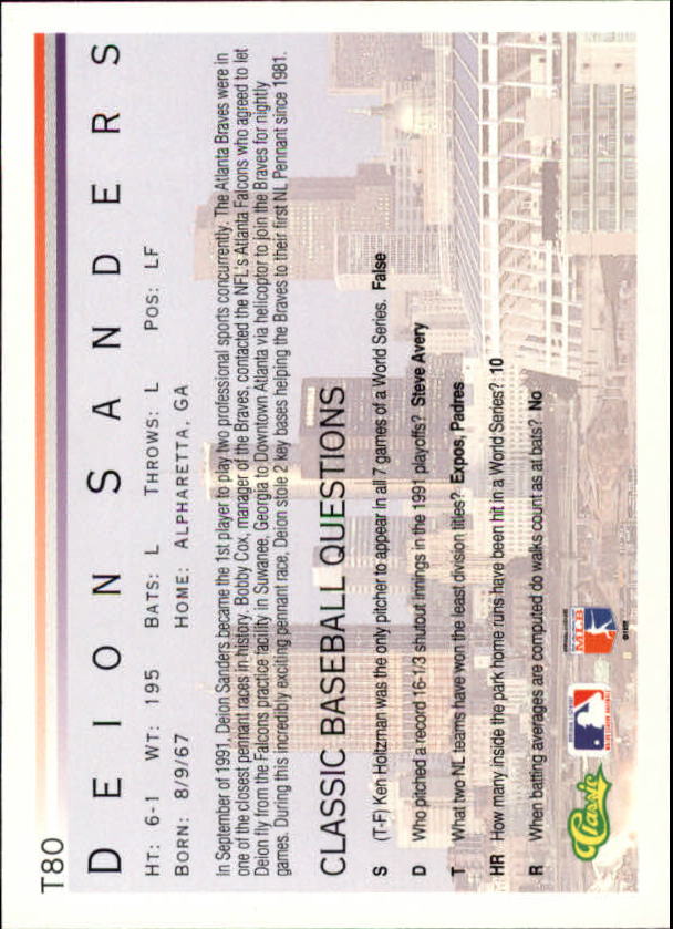 1992 Classic I #T80 Deion Sanders/(Deion Drops In) back image