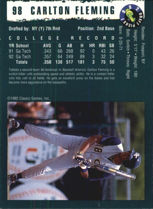 1992 Classic Draft Picks #98 Carlton Fleming back image