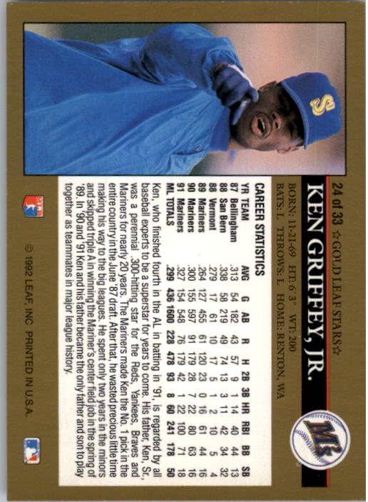 1992 Leaf Gold Previews #24 Ken Griffey Jr. back image