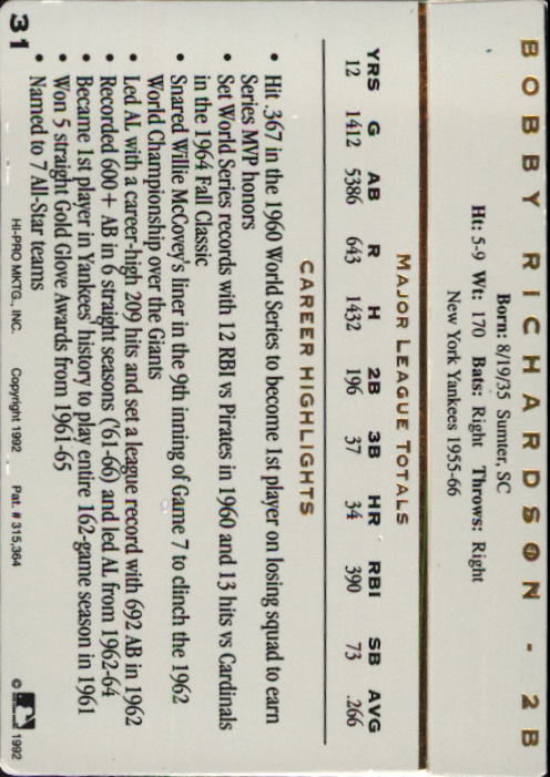 1992 Action Packed ASG #31 Bobby Richardson back image