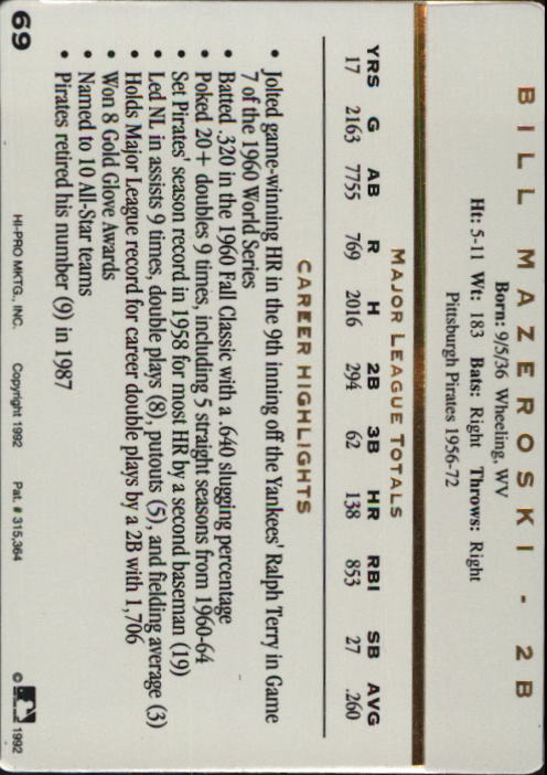 1992 Action Packed ASG #69 Bill Mazeroski back image