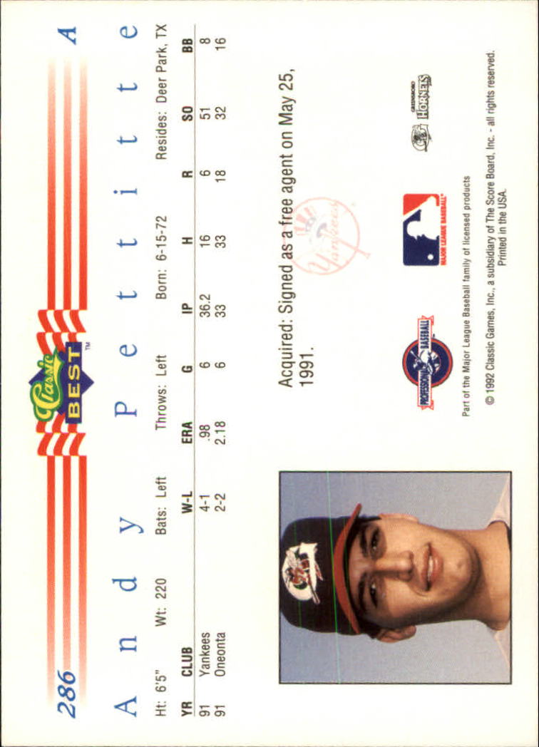 1992 Classic/Best #286 Andy Pettitte back image