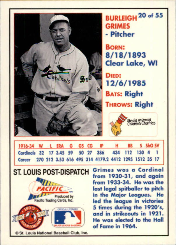 1992 Cardinals McDonald's/Pacific #20 Burleigh Grimes back image