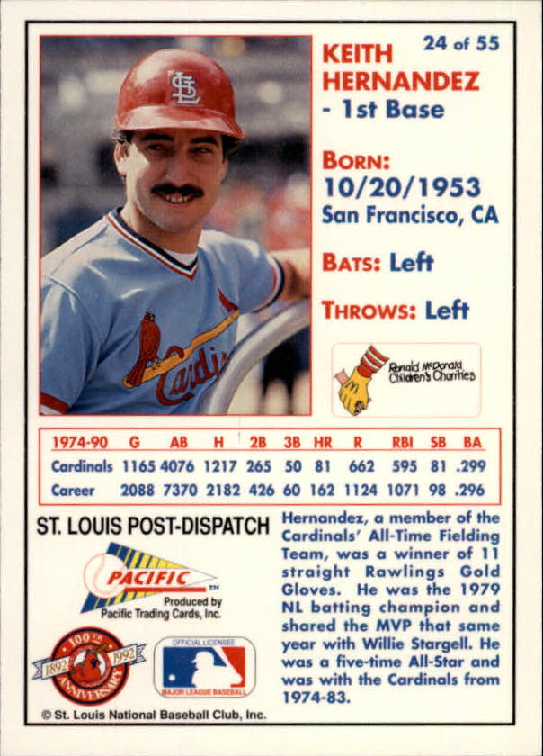 1992 Cardinals McDonald's/Pacific #24 Keith Hernandez - NM-MT