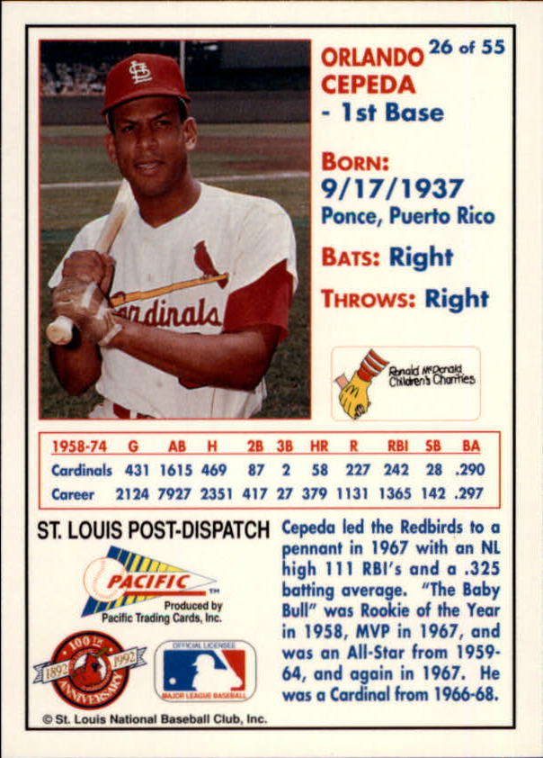1992 Cardinals McDonald's/Pacific #26 Orlando Cepeda back image