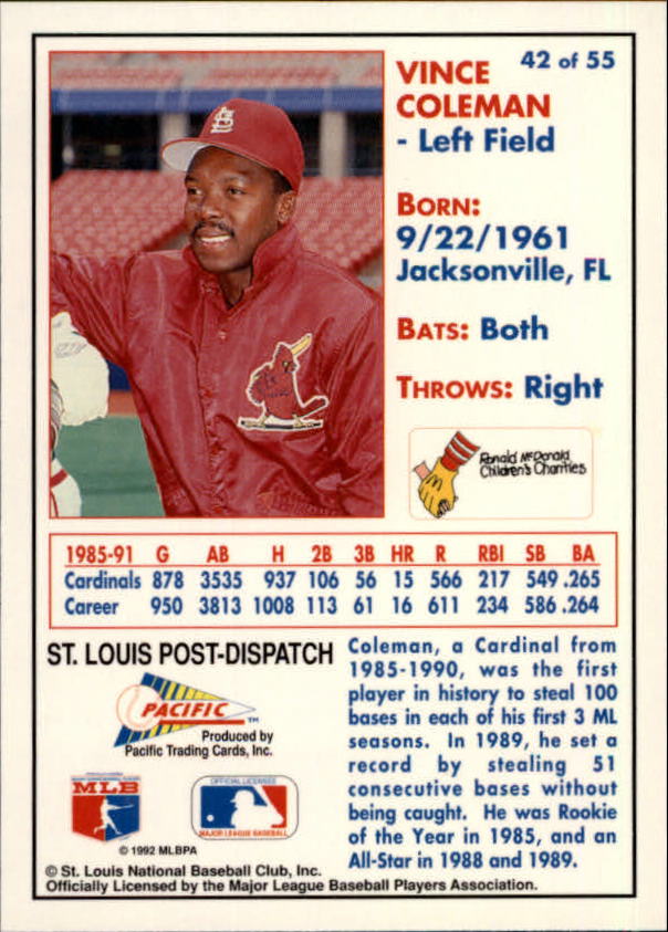 1992 Cardinals McDonald's/Pacific #42 Vince Coleman back image