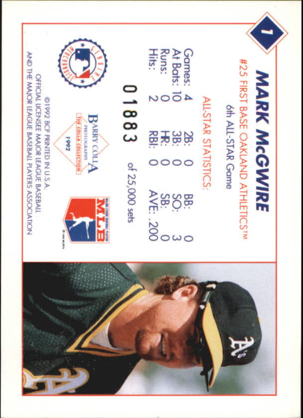 1992 Colla All-Star Game #1 Mark McGwire back image
