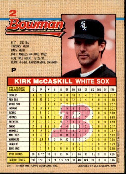 1992 Bowman #2 Kirk McCaskill back image