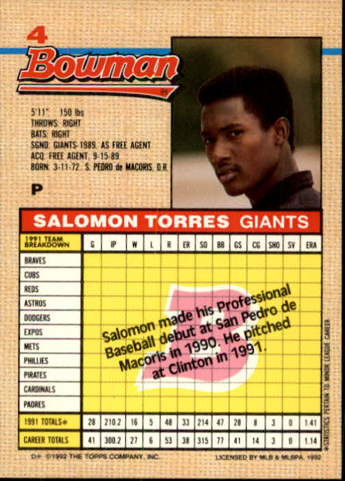 1992 Bowman #4 Salomon Torres RC back image