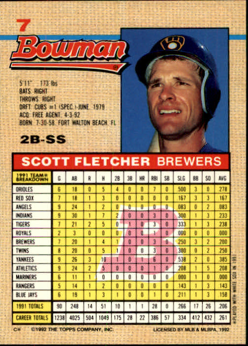1992 Bowman #7 Scott Fletcher back image