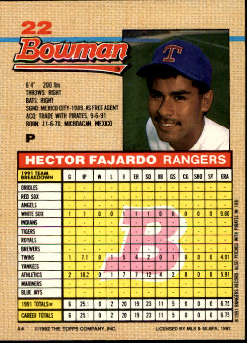 1992 Bowman #22 Hector Fajardo RC back image