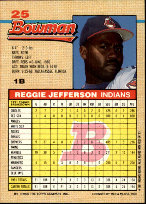 1992 Bowman #25 Reggie Jefferson back image