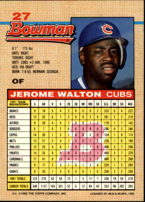 1992 Bowman #27 Jerome Walton back image
