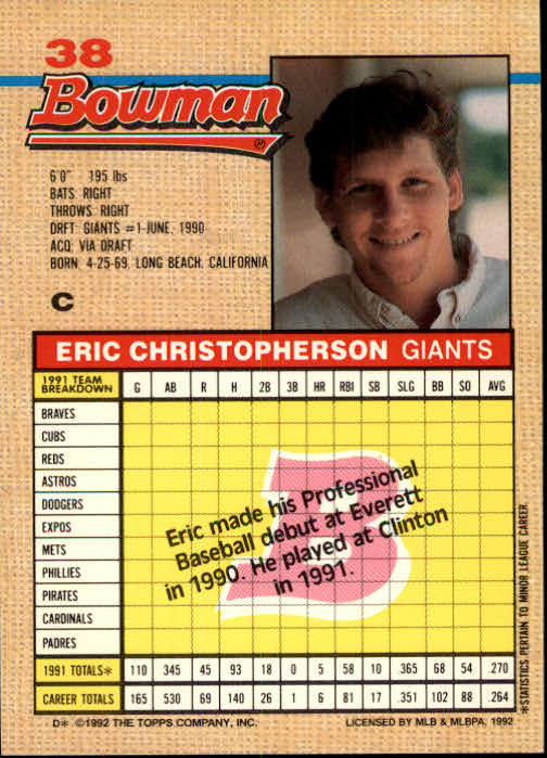 1992 Bowman #38 Eric Christopherson back image