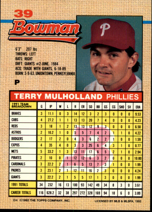 1992 Bowman #39 Terry Mulholland back image