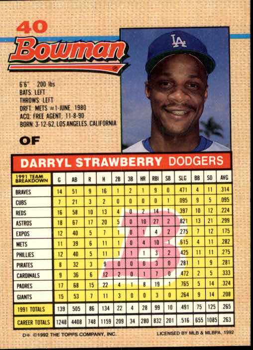 1992 Bowman #40 Darryl Strawberry back image