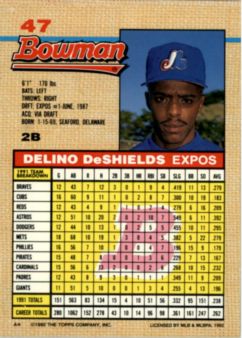 1992 Bowman #47 Delino DeShields back image