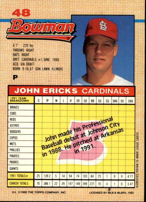 1992 Bowman #48 John Ericks back image
