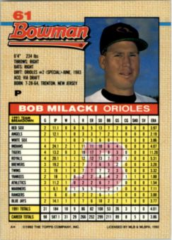 1992 Bowman #61 Bob Milacki back image