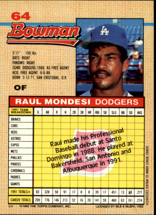 1992 Bowman #64 Raul Mondesi back image