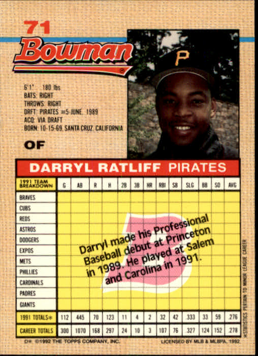 1992 Bowman #71 Darryl Ratliff RC back image