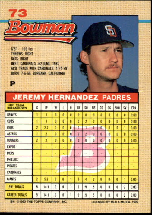 1992 Bowman #73 Jeremy Hernandez RC back image