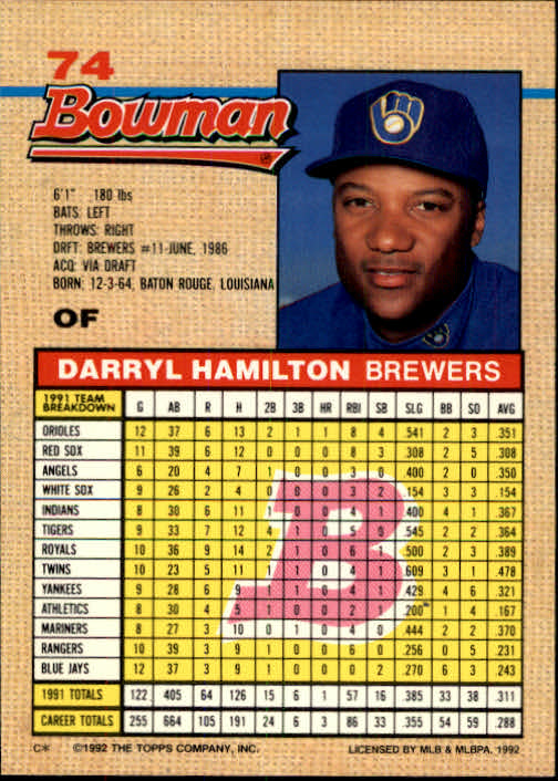 1992 Bowman #74 Darryl Hamilton back image