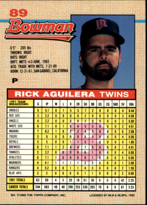 1992 Bowman #89 Rick Aguilera back image