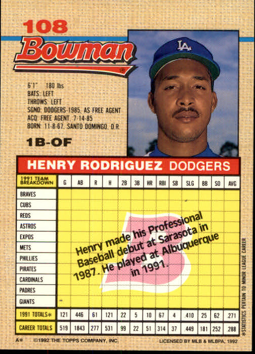 1992 Bowman #108 Henry Rodriguez back image