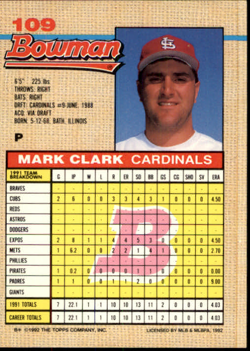 1992 Bowman #109 Mark Clark RC back image