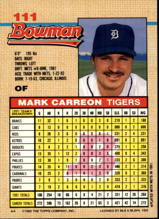 1992 Bowman #111 Mark Carreon back image