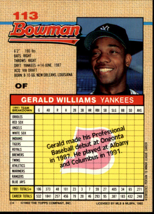 1992 Bowman #113 Gerald Williams back image