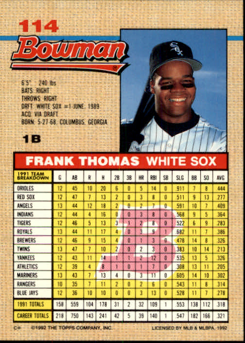 1992 Bowman #114 Frank Thomas back image