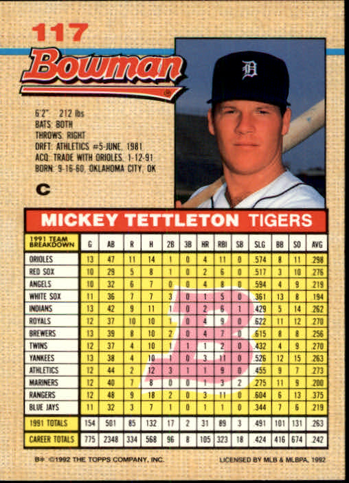 1992 Bowman #117 Mickey Tettleton back image