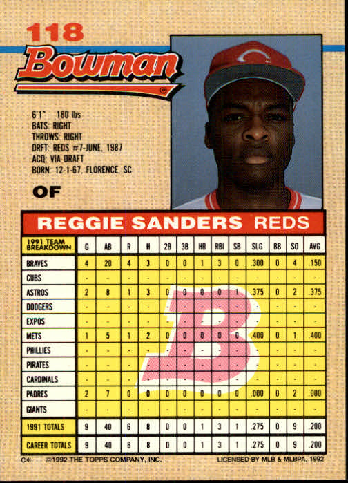 1992 Bowman #118 Reggie Sanders back image