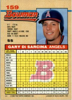 1992 Bowman #159 Gary DiSarcina back image