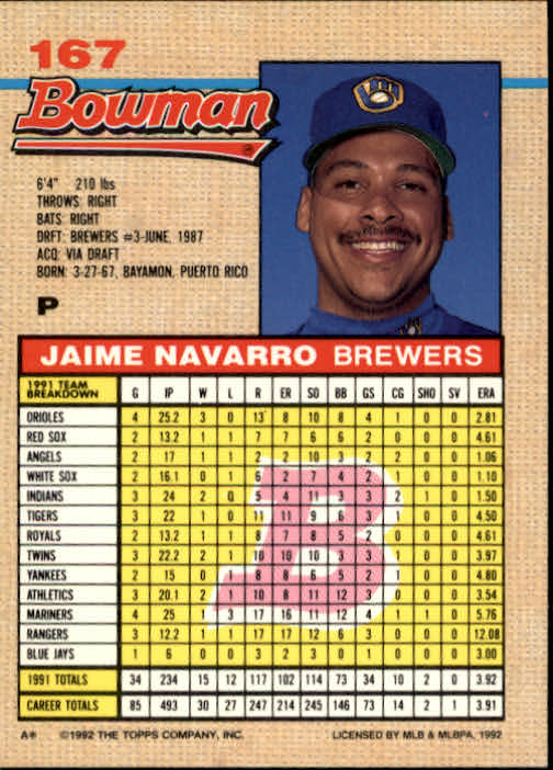 1992 Bowman #167 Jaime Navarro back image