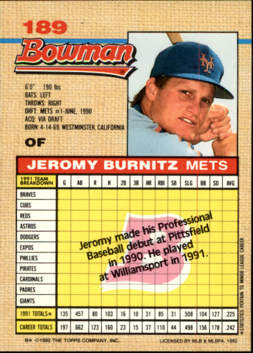 1992 Bowman #189 Jeromy Burnitz back image
