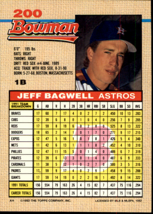 1992 Bowman #200 Jeff Bagwell back image