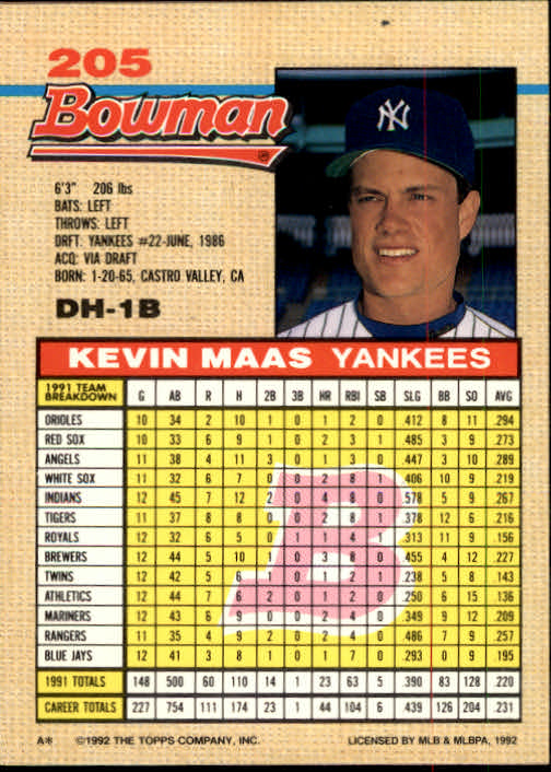 1992 Bowman #205 Kevin Maas back image