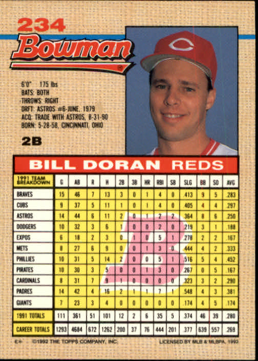1992 Bowman #234 Bill Doran back image