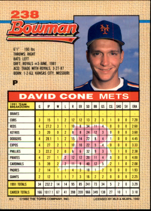 1992 Bowman #238 David Cone back image