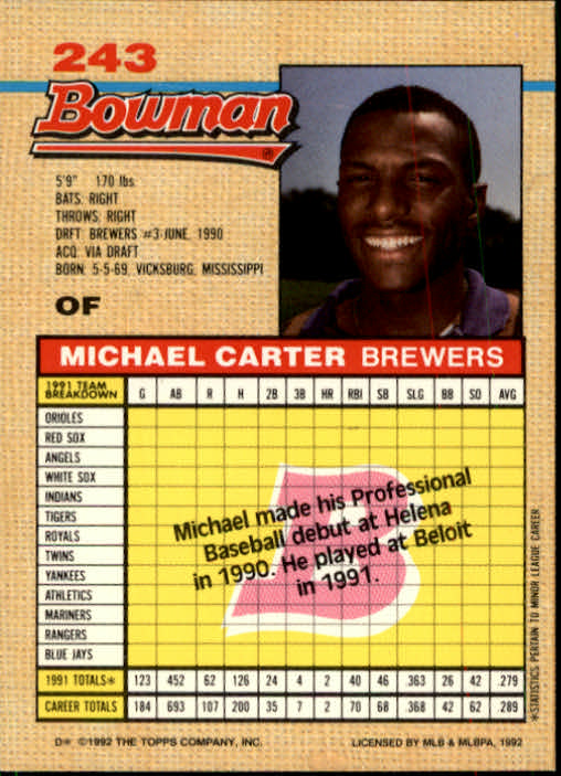 1992 Bowman #243 Michael Carter RC back image