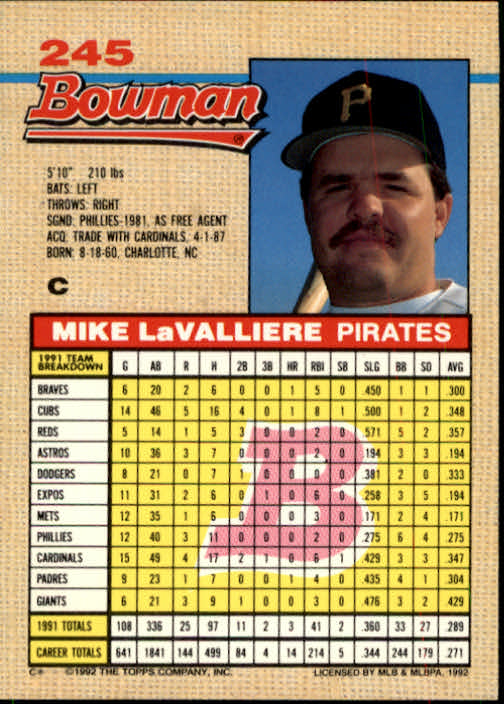 1992 Bowman #245 Mike LaValliere back image