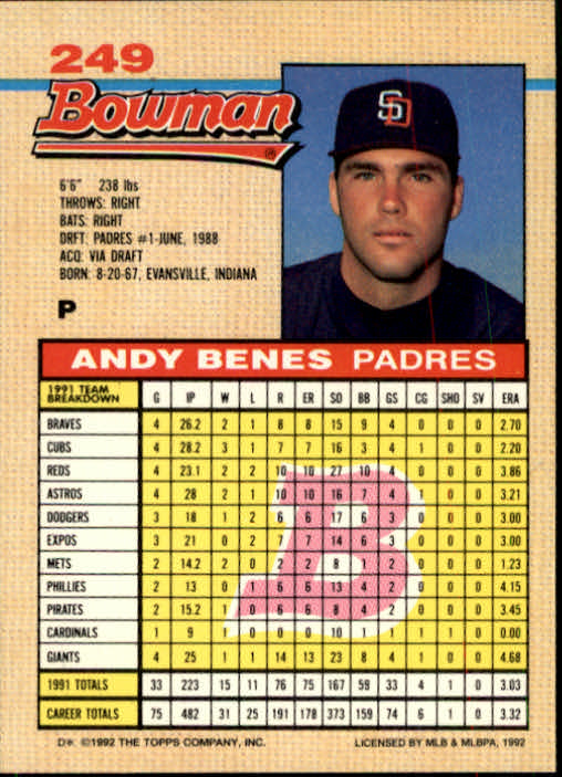 1992 Bowman #249 Andy Benes back image