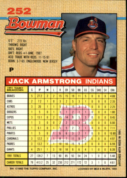 1992 Bowman #252 Jack Armstrong back image