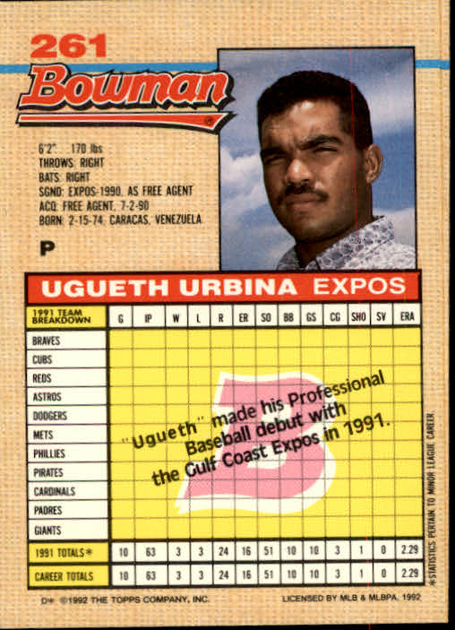 1992 Bowman #261 Ugueth Urbina RC back image