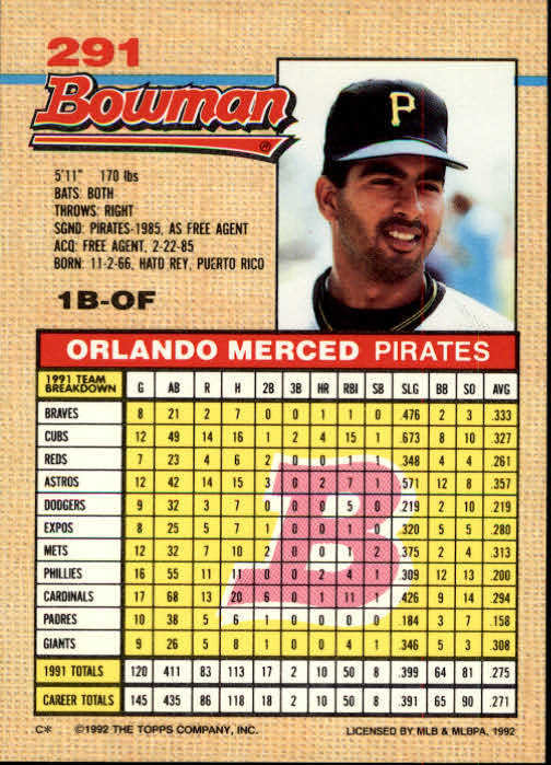 1992 Bowman #291 Orlando Merced back image