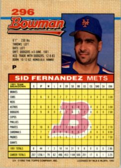 1992 Bowman #296 Sid Fernandez back image
